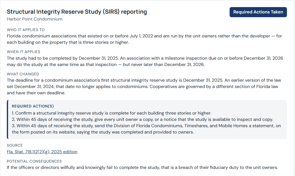 A RecordSteward Compliance Alert for Harbor Point Condominium about structural integrity reserve study reporting, showing who the rule applies to, the deadline, what changed, three required actions, the statute it comes from, and the consequence of not acting.